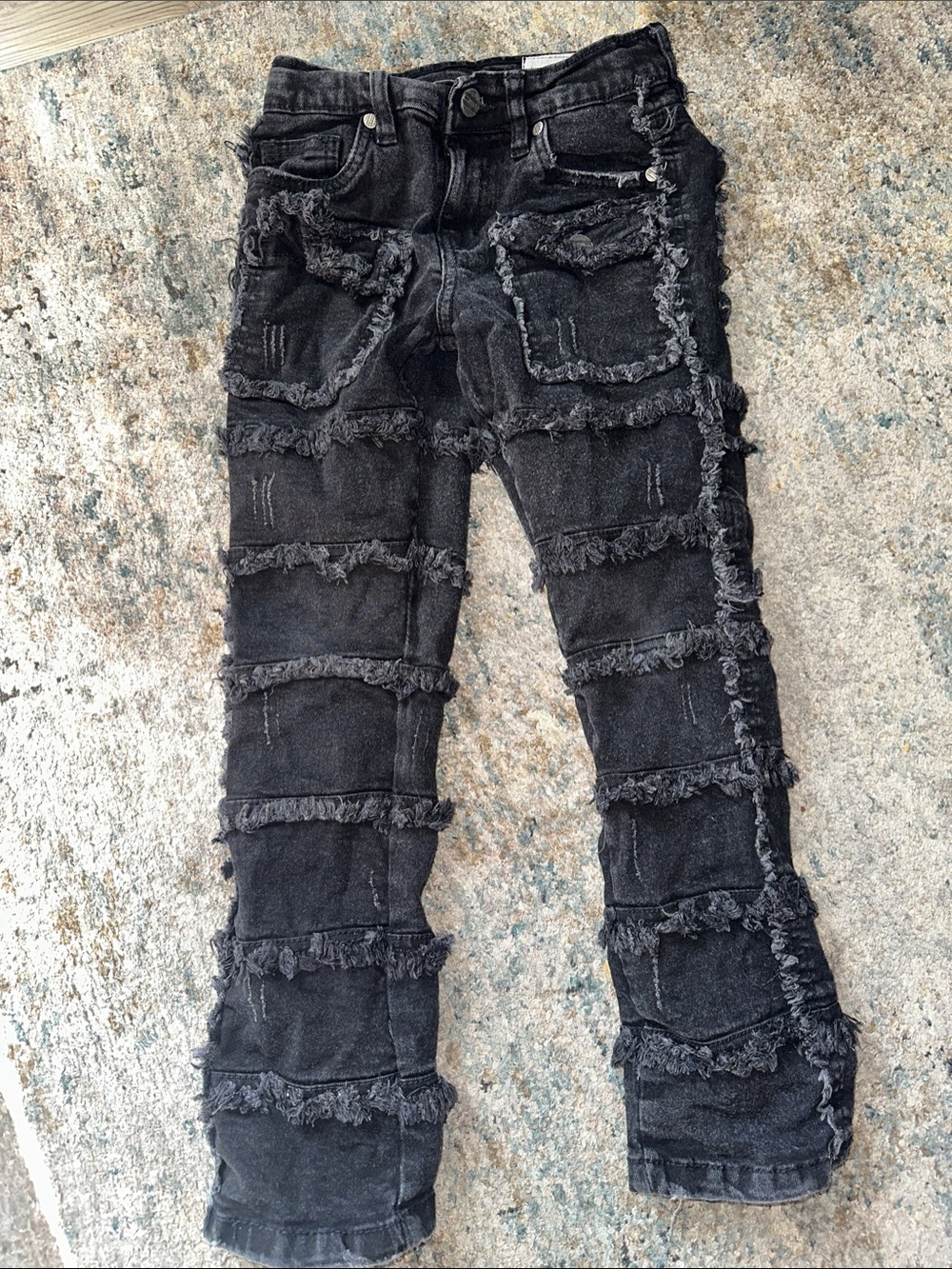 Black Distressed Fringe Stripe Jeans